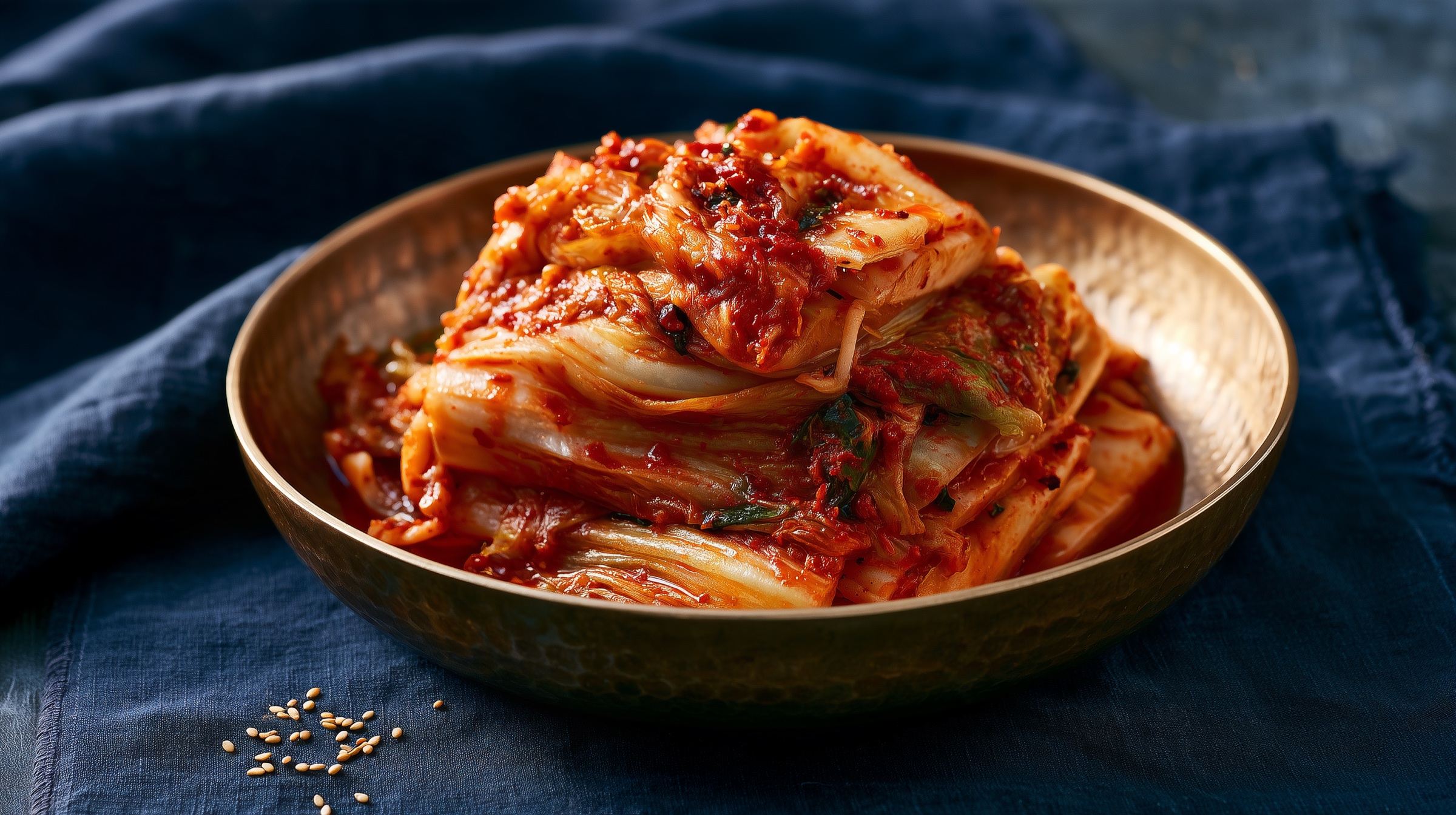 Kimchi in a brass bowl on a deep blue cloth